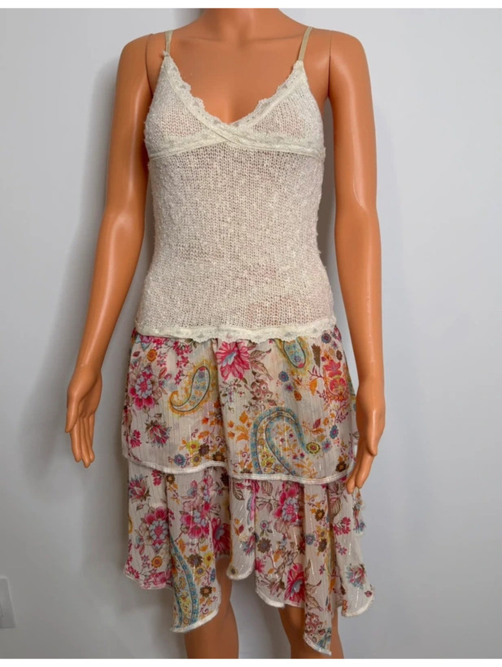 Zone Bleue Vintage Crochet Knit Floral Chiffon Handkerchief Hem Mini Dress